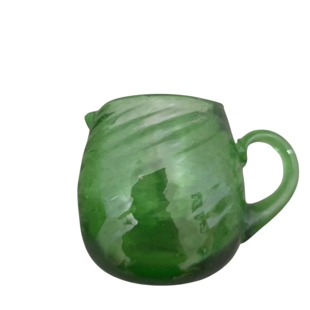 Vintage Hand Blown Green Swirl Art Glass Pitcher & Creamer Set Applied Handles